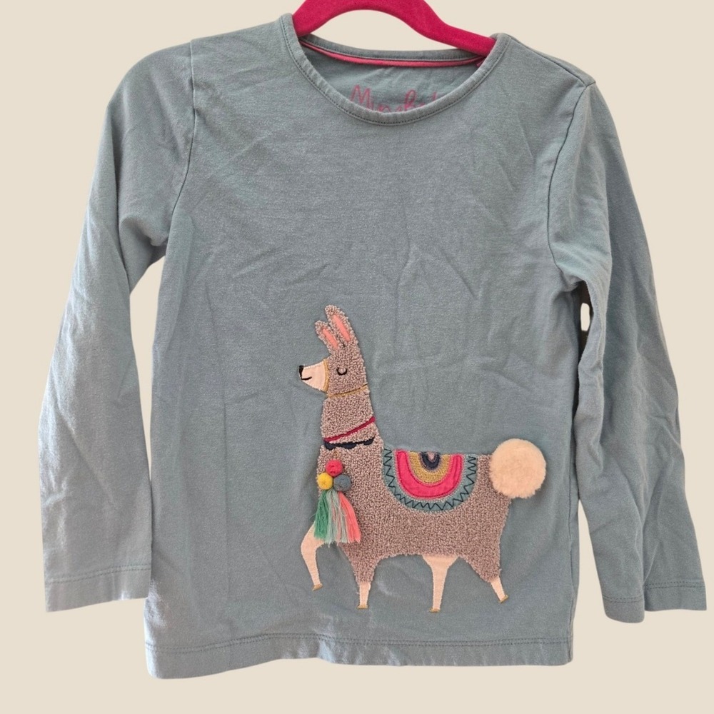 Mini Boden Girls Blue Llama Applique Long Sleeve Graphic Tee Shirt Size 6-7Y
